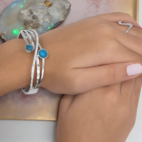 🆕️18K Gold Plated Turquoise & Zirconia Bangle Bracelet | Dainty Elegant & Chic✨ - Picture 3 of 16